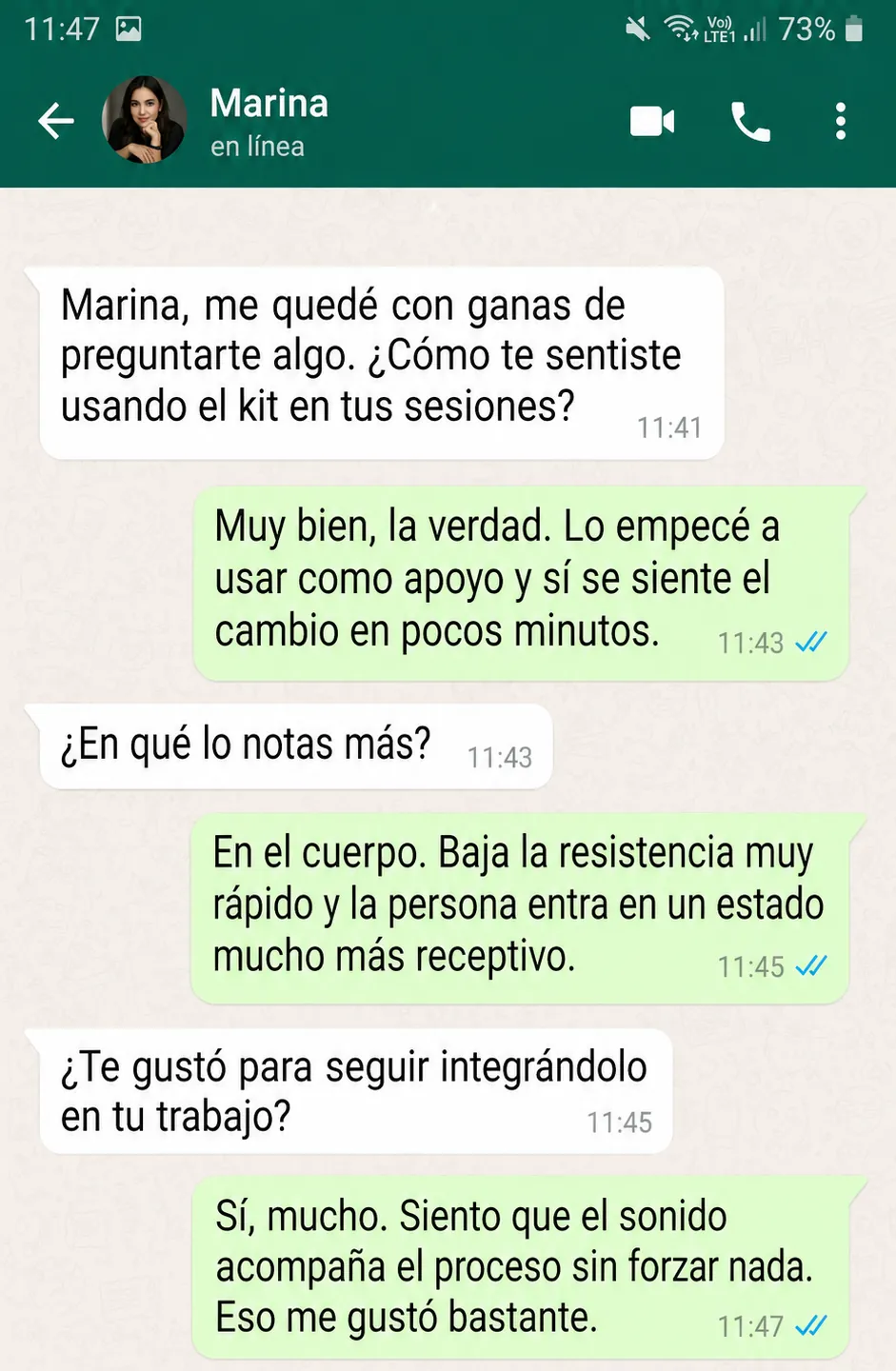 Captura de WhatsApp con relato de Marina sobre uso terapéutico del kit